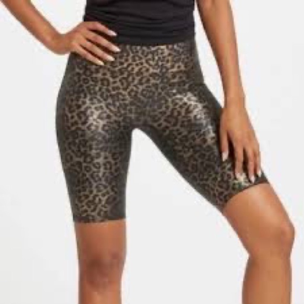 Spanx Faux Leather Leopard Print Bike Shorts